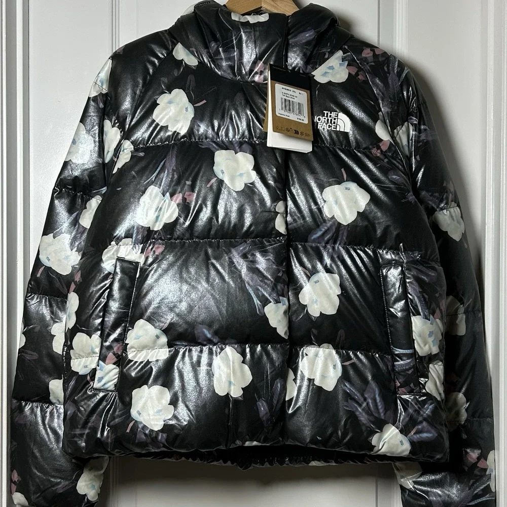 The North Face Girls' Black Floral Metallic Hooded 600 Down Fill Puffer Jacket